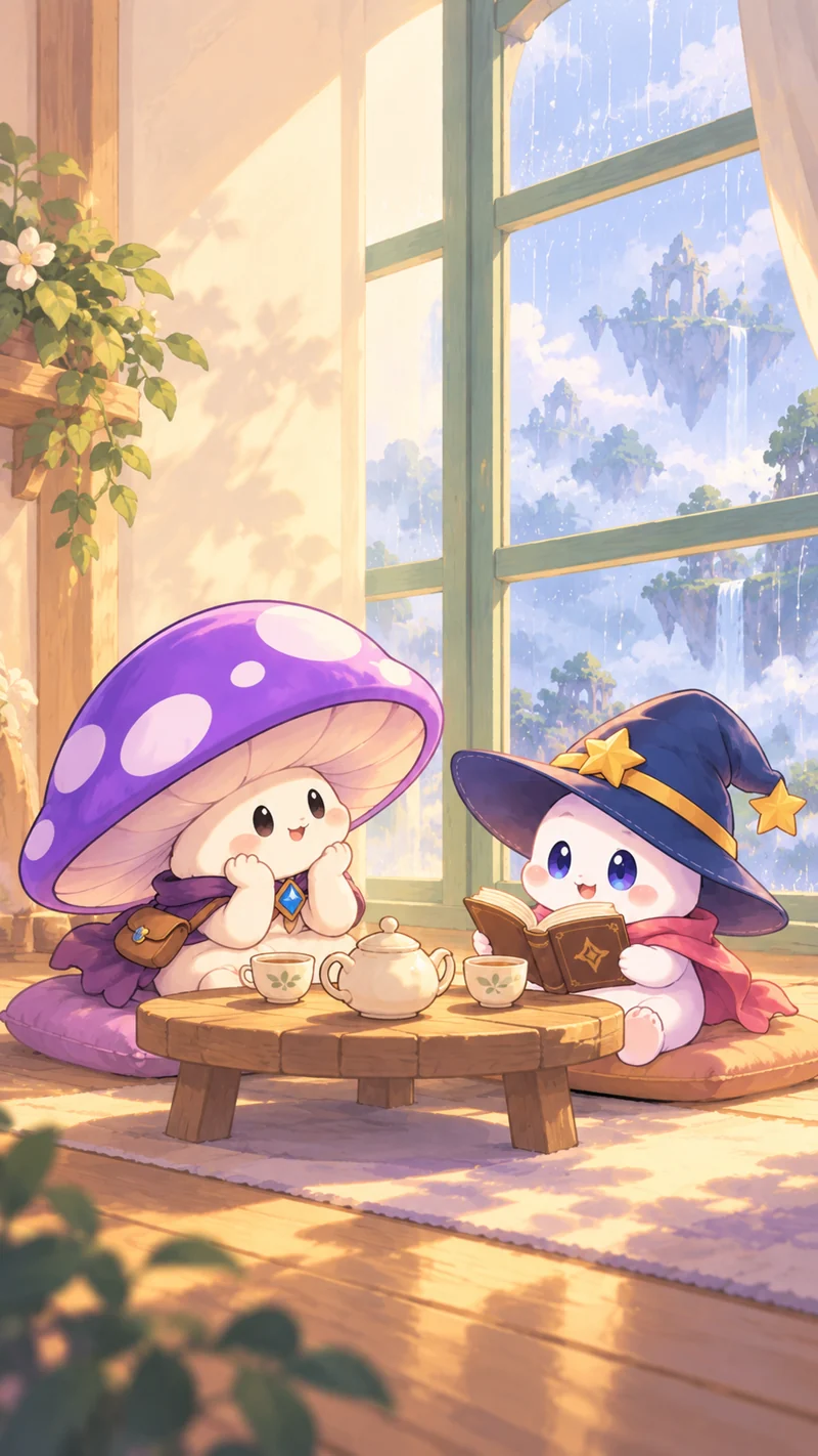 Momo และ Lumi จิบชาที่หน้าต่างในวันฝนตก